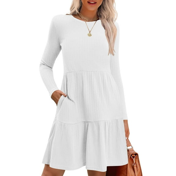 Womens Long Sleeve Fall Dresses Women's Fashion Solid Color Round Neck Long Sleeve Round Neck Dress Long Skirt,White,S