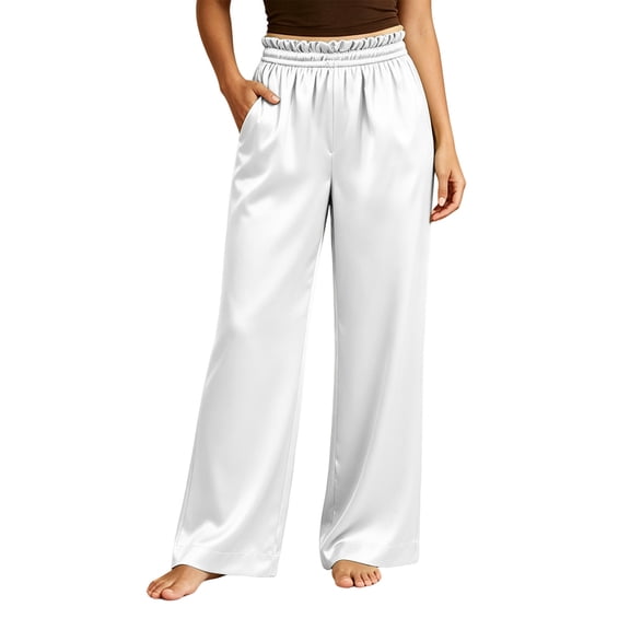 Caywon Women's High Waist Satin Wide Leg Pants with Smocked Elastic Waist and Side Pockets, Loose Cut Smooth Leisure Trousers for Home Outfits