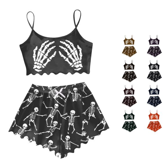 Weebloom Halloween Womens Summer Pajamas Sets Sleeveless Vest Shorts Set Casual Print Home Wear Sleepwear Nightwear Pjs Loungewear Dark Gray Xl