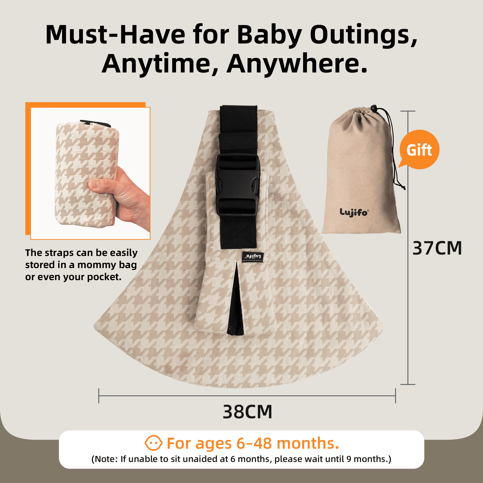 Lujifo Ergonomic Baby Sling, Khaki Houndstooth Toddler Side Carrier