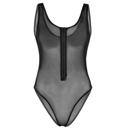 Aiihoo Women s One-Piece Sheer Mesh Lingerie Deep U Neck Sleeveless Babydoll Lingerie Bodysuit Black Medium