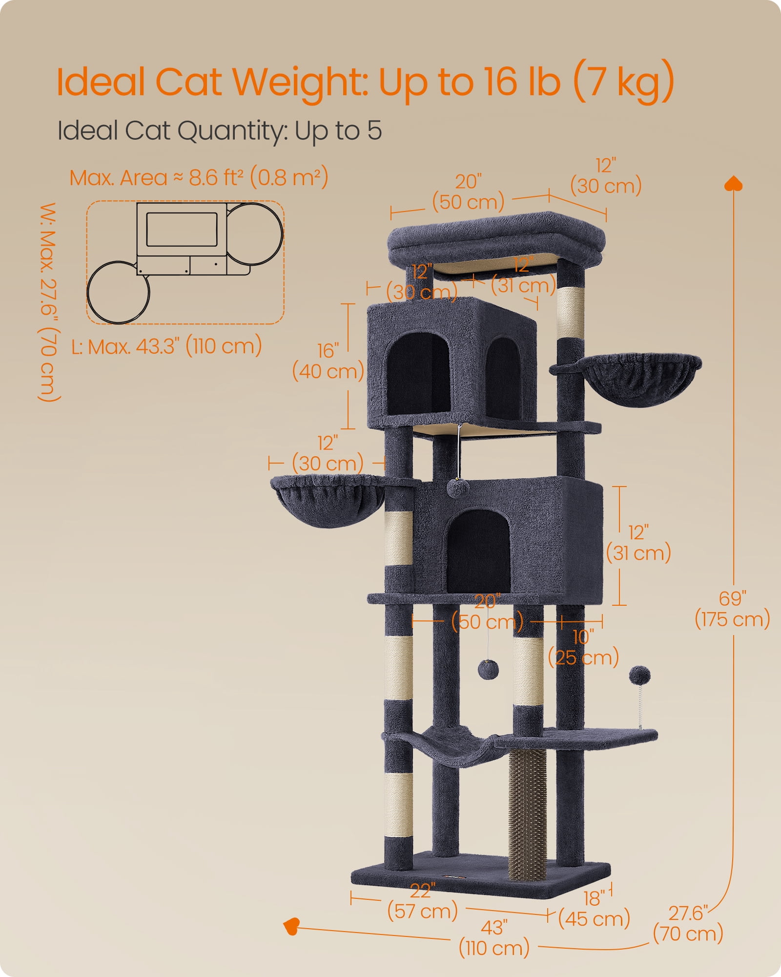 69 Inch Tall Cat Tree Tower for Indoor Cats, Multi-Level Cat Condo with 2 Caves, 2 Baskets, 5 Scratching Posts, Self-Groomer, Perch, and Hammock, Dark Gray