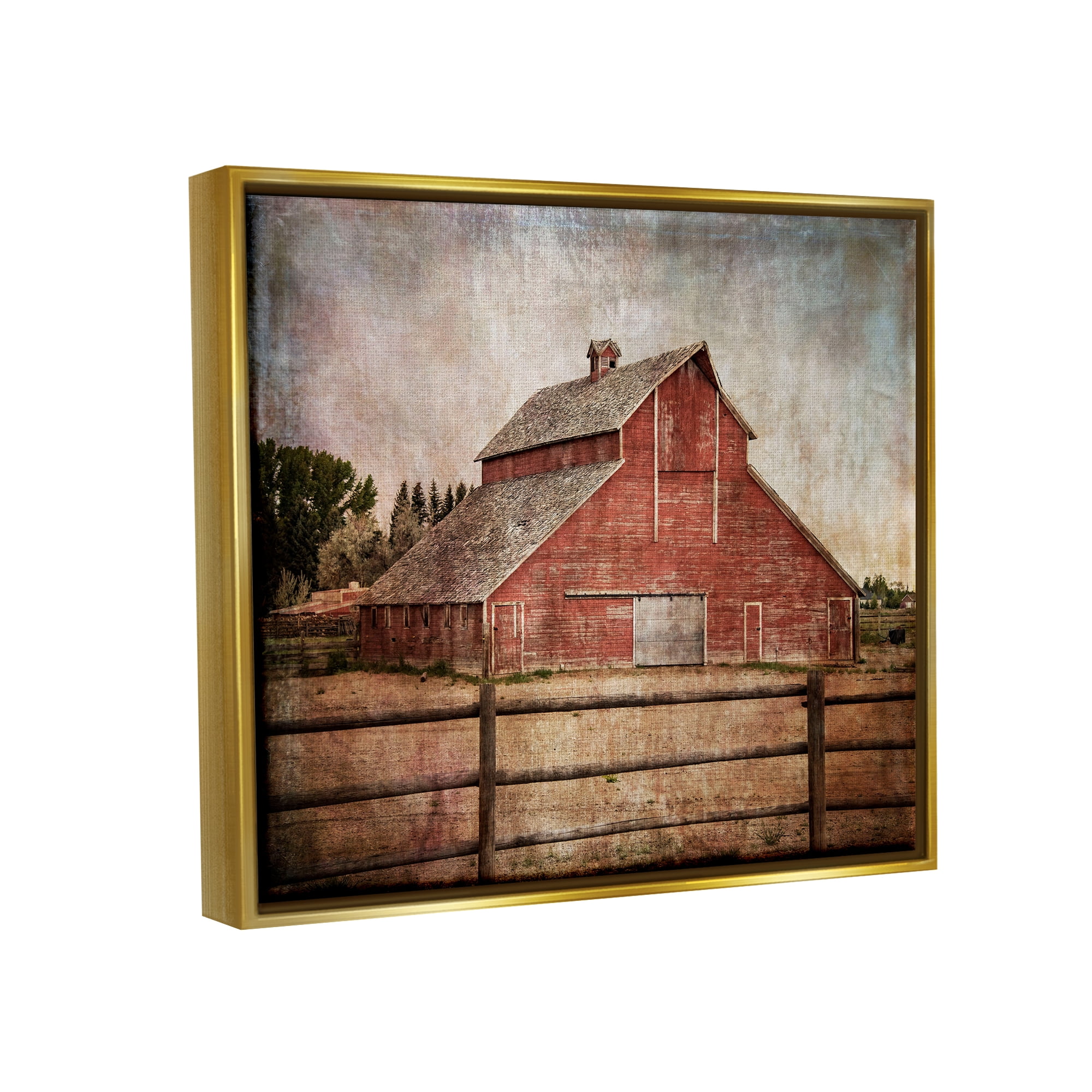 Stupell Industries Vintage Rustic Barn Landscape Painting Gold Floater Framed Canvas Art Print Wall Art, 21 x 17