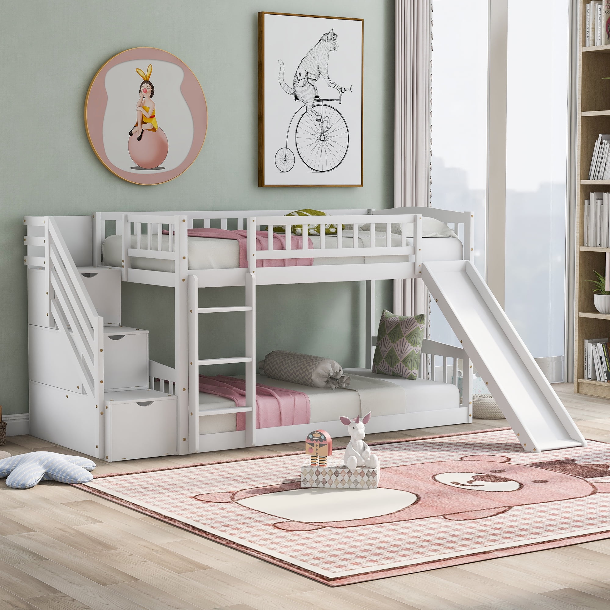 Mintazer Twin Over Twin Bunk Bed with Storage Staircase & Convertible Slide, Kids Bunk Bed Frame with Guardrails & Ladder, No Box Spring Needed, White