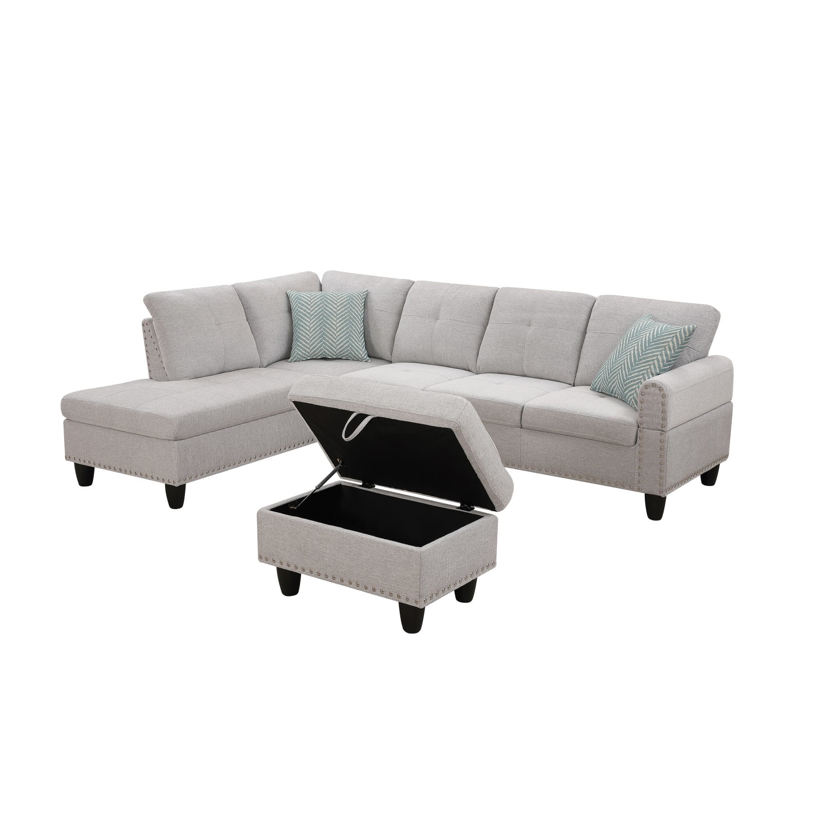 Hommoo L-Shaped Upholstered Sectional Sofa Couch with Storage & Cup Holders, Linen Living Room Sofa Set, With Ottoman, Light Gray