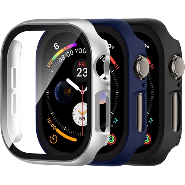Yanonmyfd 3 Piezas Funda de Cristal Templado para Apple Watch 40mm iWatch SE Series 6/5/4, Cara de PC Duro Cubierta de Protección General Protector de Pantalla para iwatch 40mm, Negro/Azul/Plata