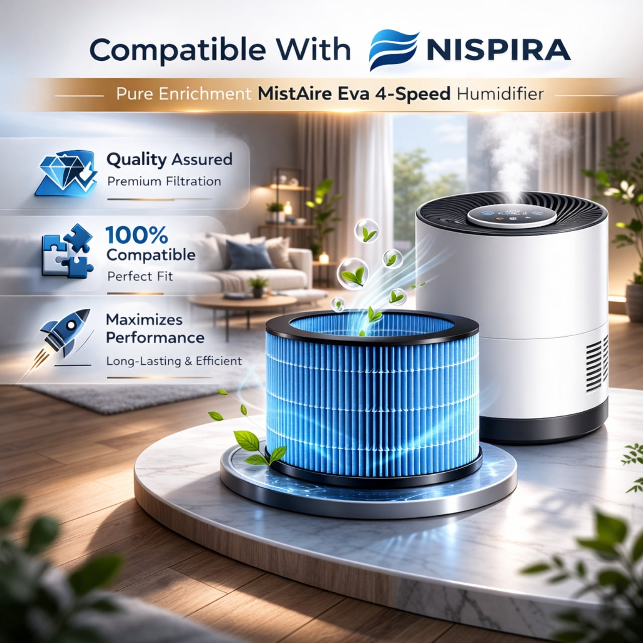 Nispira Replacement Humidifier Filter Compatible with Pure Enrichment MistAire Eva 4 Speed Humidifier 3 Pack