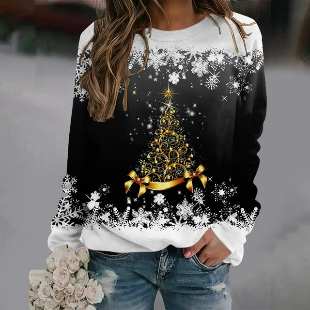 Chandails d'Automne d'Hiver Grande Taille pour Femmes Chandails de Noël pour Femmes Arbre de Noël Suéter Navideño Mujer Mignon Col Rond Chandails à Capuchon Amusants