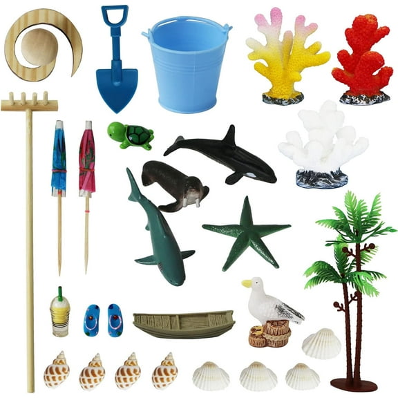 Beach Zen Garden Accessories Kit - Desktop Beach Fairy Garden Kit Sandbox Decor Tools Bamboo Rake Ornament Decoration Office Stress Relief Toys Therapy Man Woman Father Mather Meditation Zen Gifts