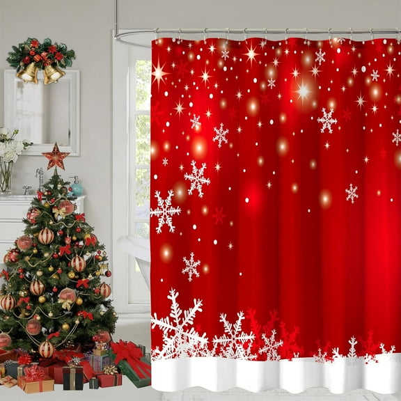 Christmas Shower Curtain, Red Christmas Snowflakes Shower Curtains for Bathroom Decor, Red Winter Holiday Shower Curtain, Xmas Funny Glitter Sparkle Fabric Cloth Bath Curtain, 72x72 Inch