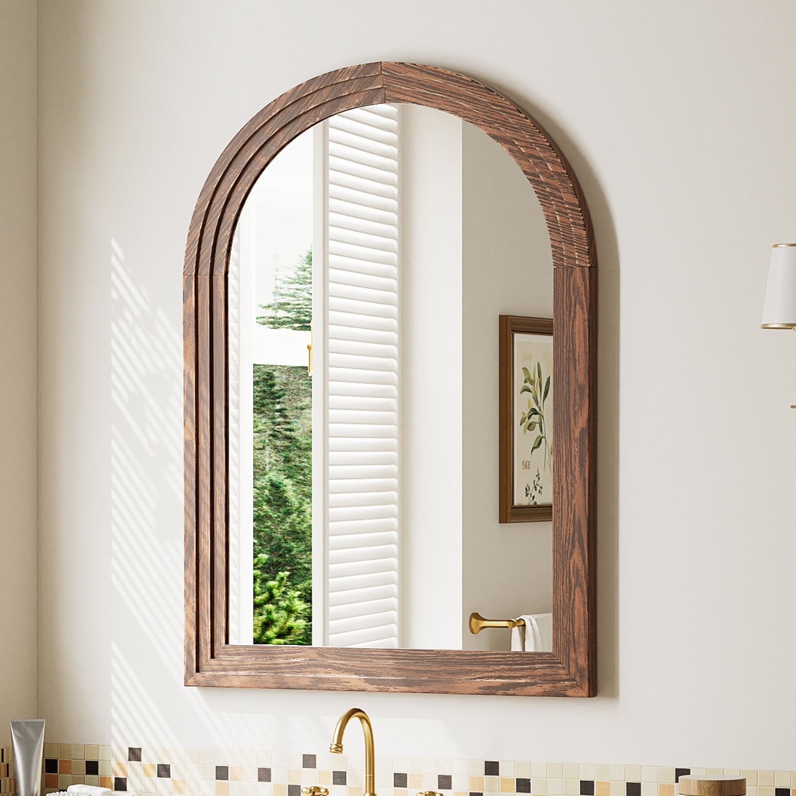 BEAUTYPEAK 24"x36"Arched Bathroom Mirror Wooden Framed Wall Mirror，Brown