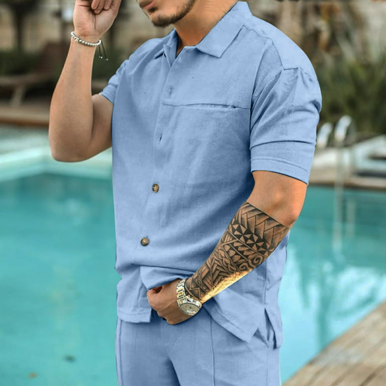 KaLI_store Blouses & Button-Down Shirts Mens Short Sleeve Button Up Shirts  Linen Summer Beach Casual Collared V Neck Loose Fit Fishing Shirts Blue,L