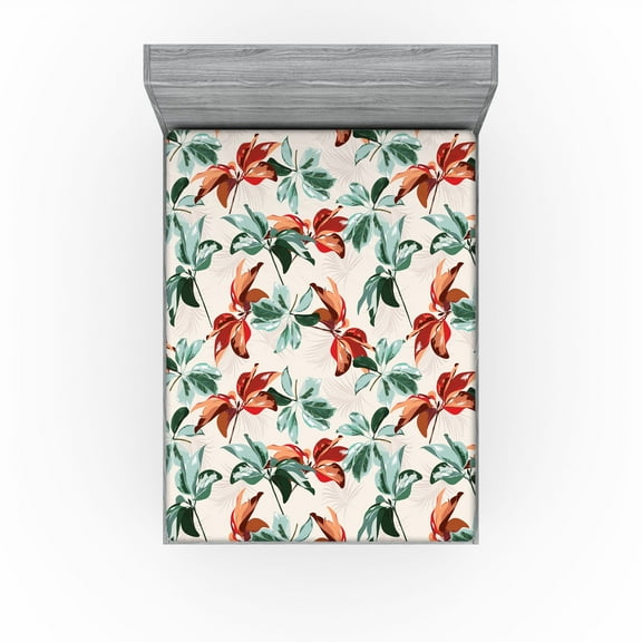 Ambesonne Floral Fitted Sheet, Retro Botany Exotic Leaves, California King, Pale Rust Seafoam Emerald