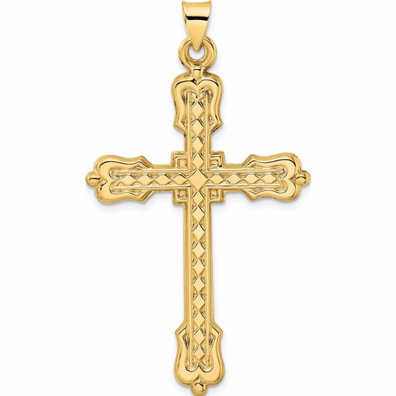 14K Yellow Gold Polished Diamond Pattern Hollow Cross Pendant (53.8 X 31.2) Made In United States -Jewelry By Sweet Pea