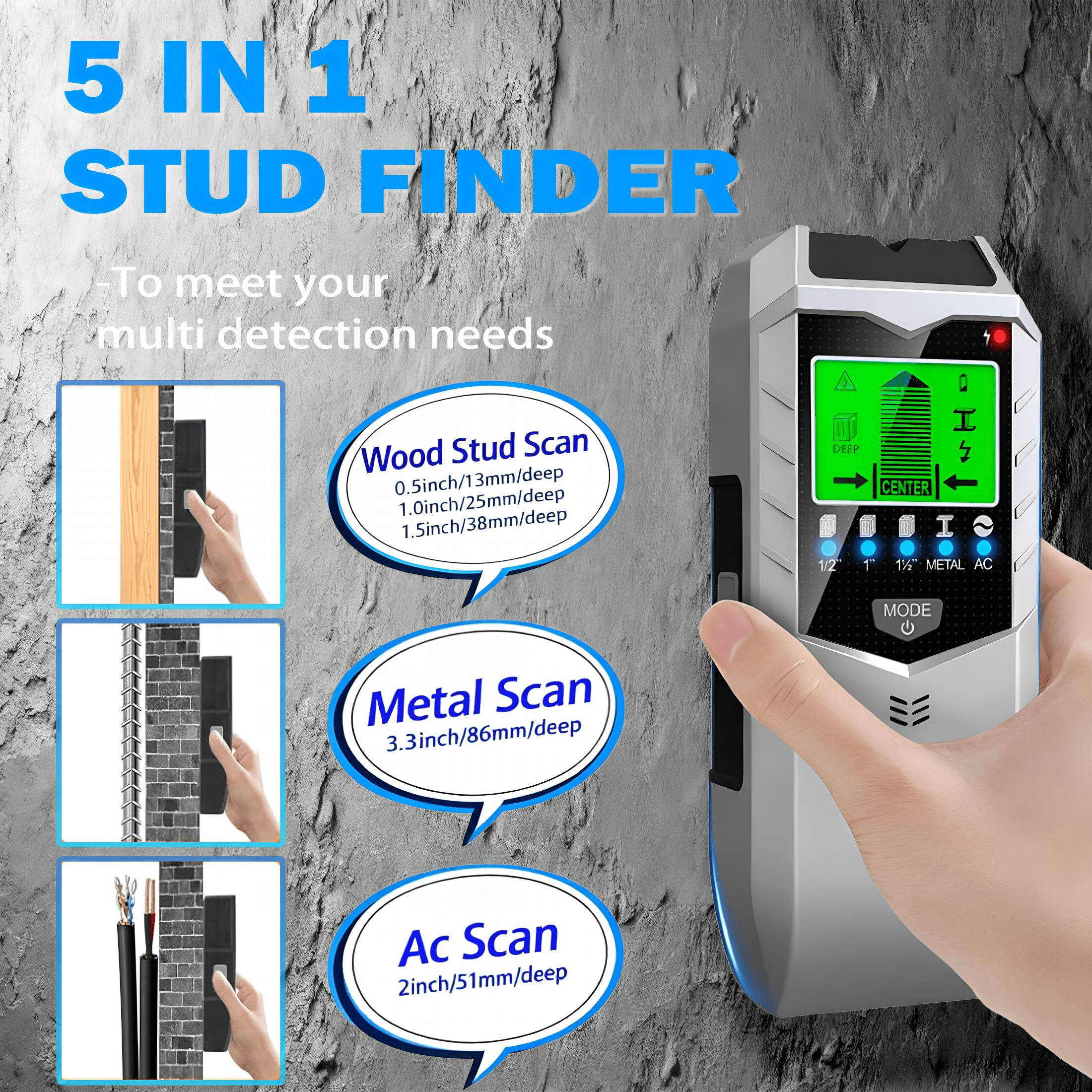 GJX 2026 New Stud Finder Wall Scanner - 5 in 1 Stud Finder Wall Detector with Led Display & Sound Warning for Live Ac Wire,Pipe,Metal,Lumber and Joist Drywall Framing Detection(Have 9V Battery)