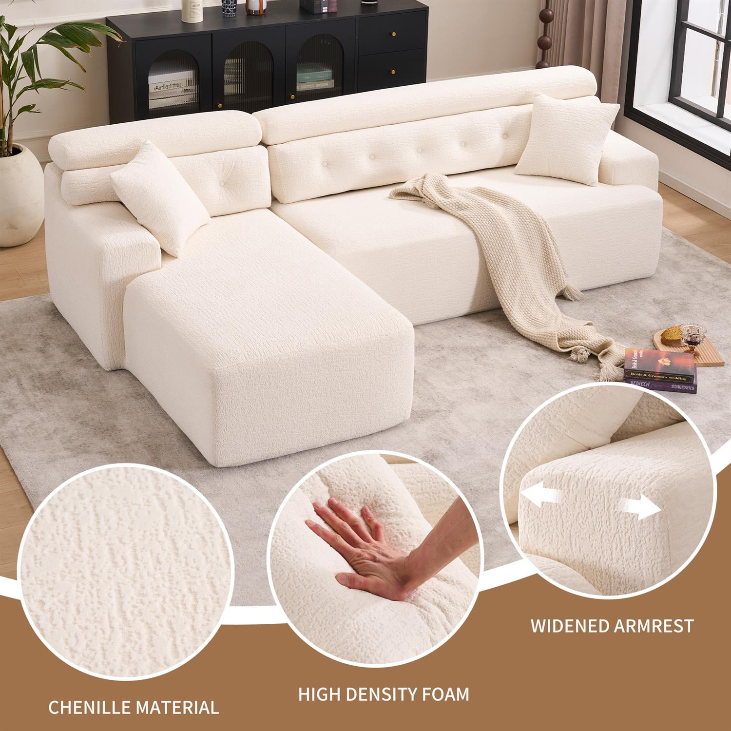 Demi Bonn 105" Modern L-Shaped Sectional Sofa, 3-Seater Couch with Chaise Lounge, 2 Accent Pillows, Wood Grain Chenille Fabric for Living Rooms, White