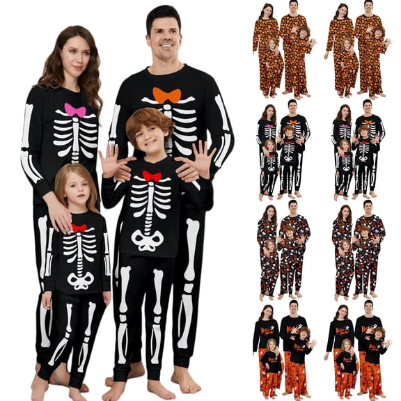 Onlypjs Family Halloween Pajamas Matching Sets Skeleton Bone Print Loungewear Sleepwear Sets for Adults Women Men Couples 2 Piece Black