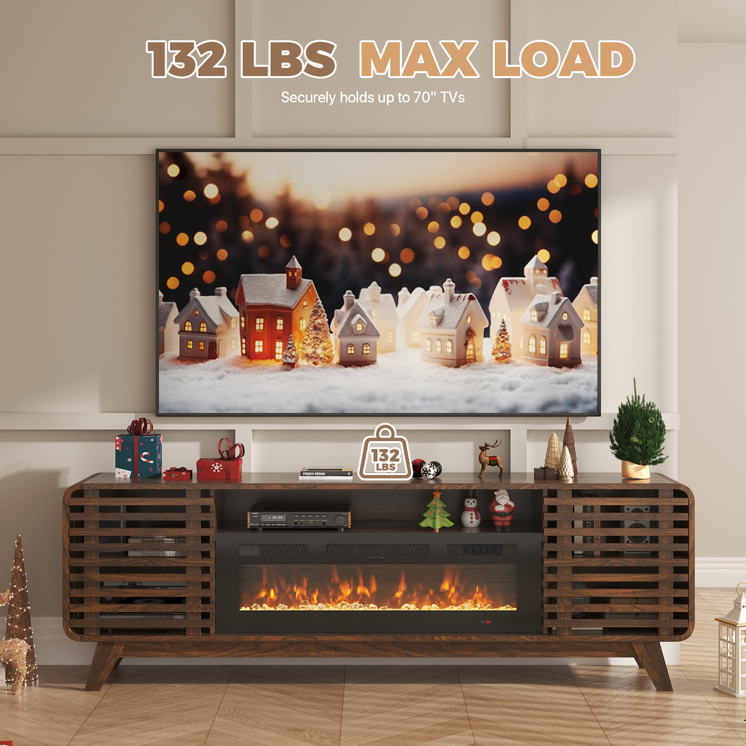 BaPiPro 70" Fireplace TV Stand with 36" Electric Fireplace, for TVs up to 80", Mid-Century Wood Entertainment Centre with Storage, Brown