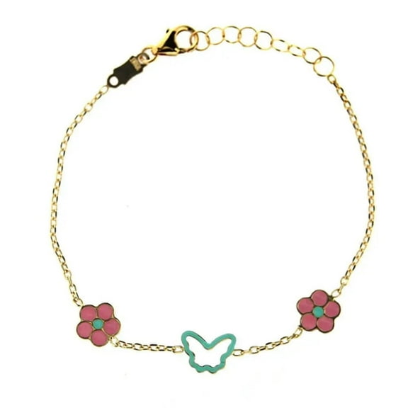18K Solid Yellow Gold Enamel Pink Flowers and Turquoise Butterfly Bracelet