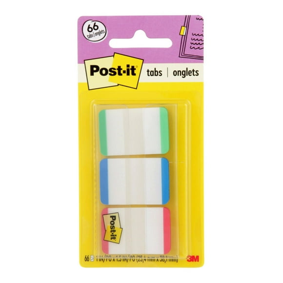Tabs Post-it, 2,54 cm, con líneas, verde, azul y rojo, 22 pestañas por color