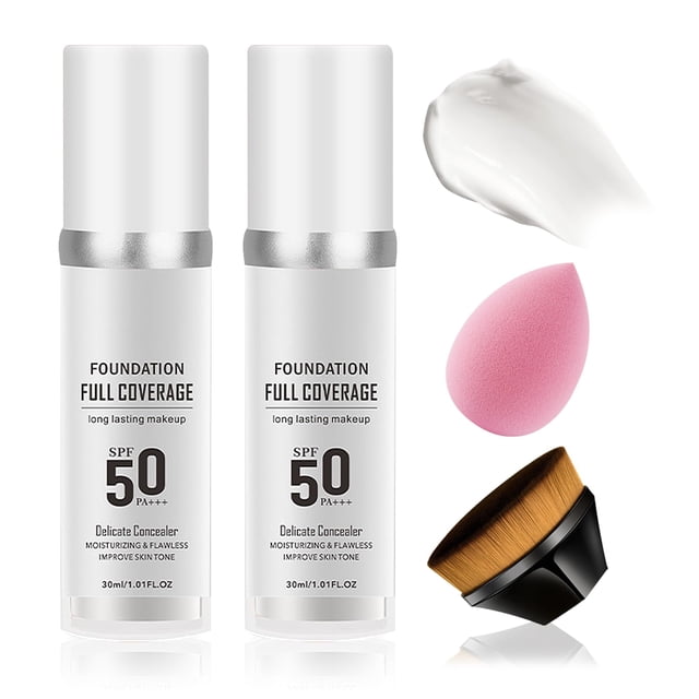 Juego de 2 bases de maquillaje que cambian de color, total, impecable, no grasa, con brocha de maquillaje para base y esponja de maquillaje, base líquida hidratante para todo tipo de piel