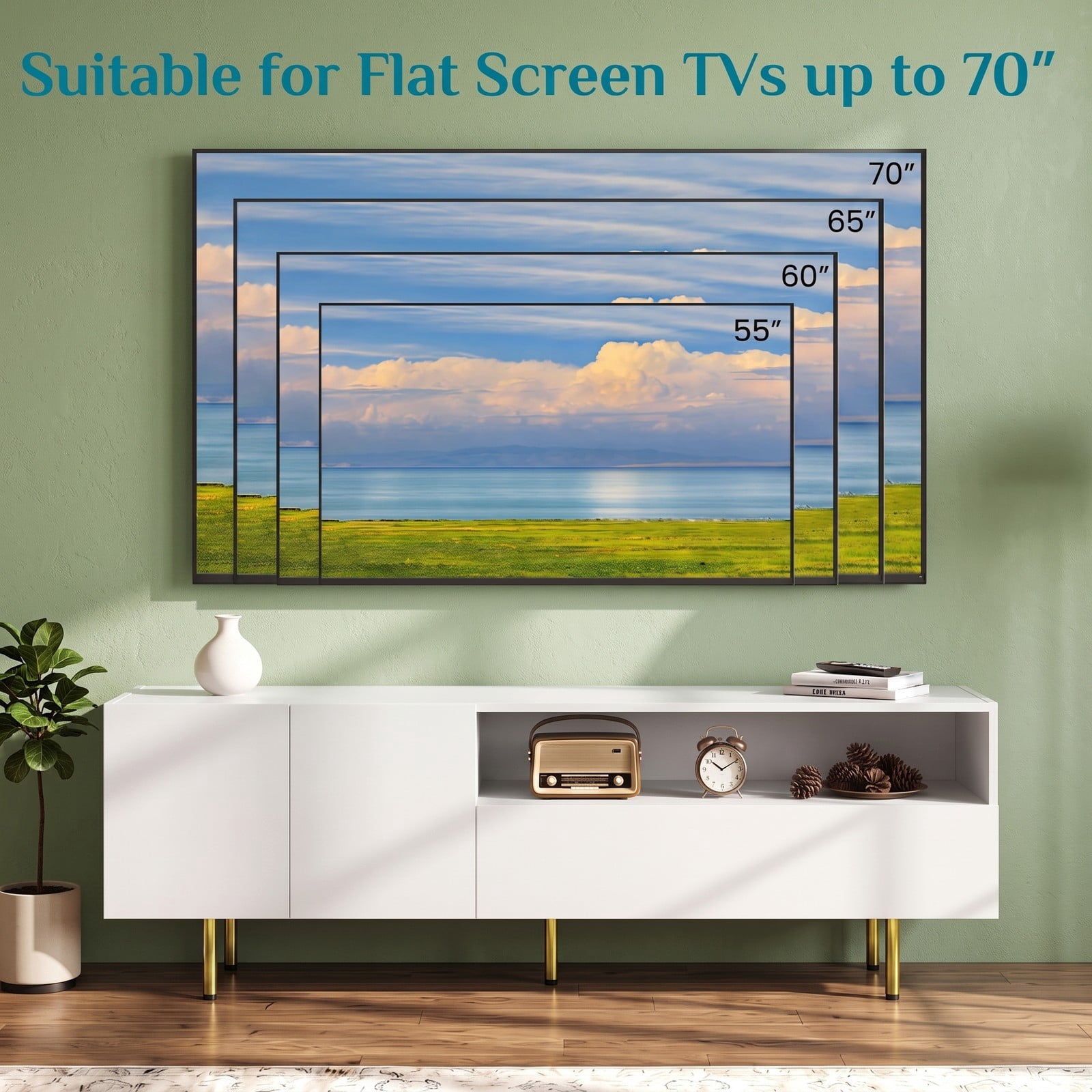 Furnibear 60 inch TV Stand for TVs up to 70 Inch with Storage Cabinet, Adjustable Shelf and Raised Metal Legs, Modern Entertainment Center Media Console for, White