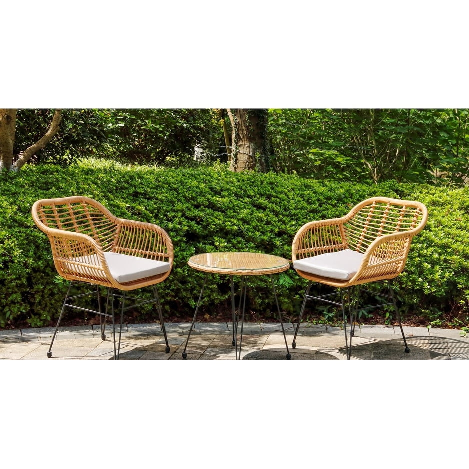 Crescent 3-Piece Outdoor Wicker Patio Bistro Set with Cushions Grey
