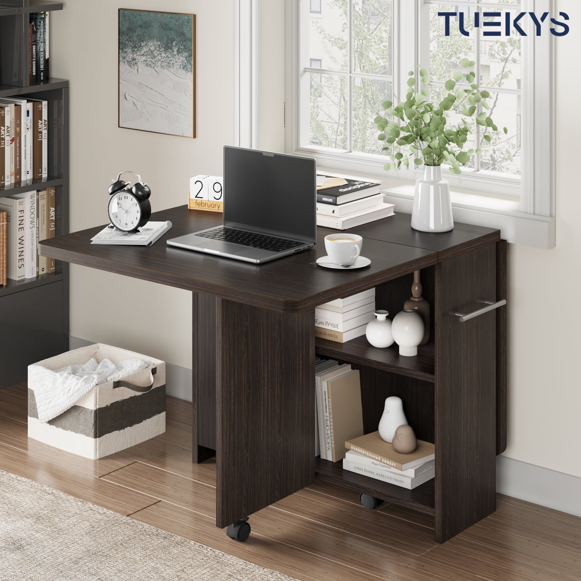 Tuekys Folding Dining Table Drop Leaf Kitchen Table with 2 Storage Racks-Perfect for Small Spaces Multifunction Space Saving Table Extension Dinner Table Kitchen Office Desk Black(with Handle)