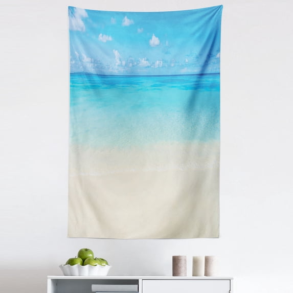 Tropical Tapestry, Paradise Coast in Tropical Caribbean Sea Sky View Beach House Theme, Fabric Wall Hanging Decor for Bedroom Living Room Dorm, 5 Sizes, Cream Navy, by Ambesonne