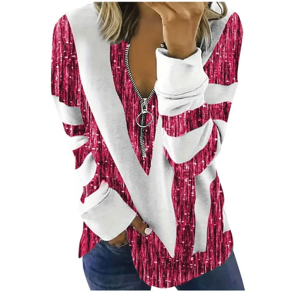 Quarter Zip Pullover for Women Striped Sparkle Print Casual Oversize Sweatshirt Long Sleeve Fall Tops