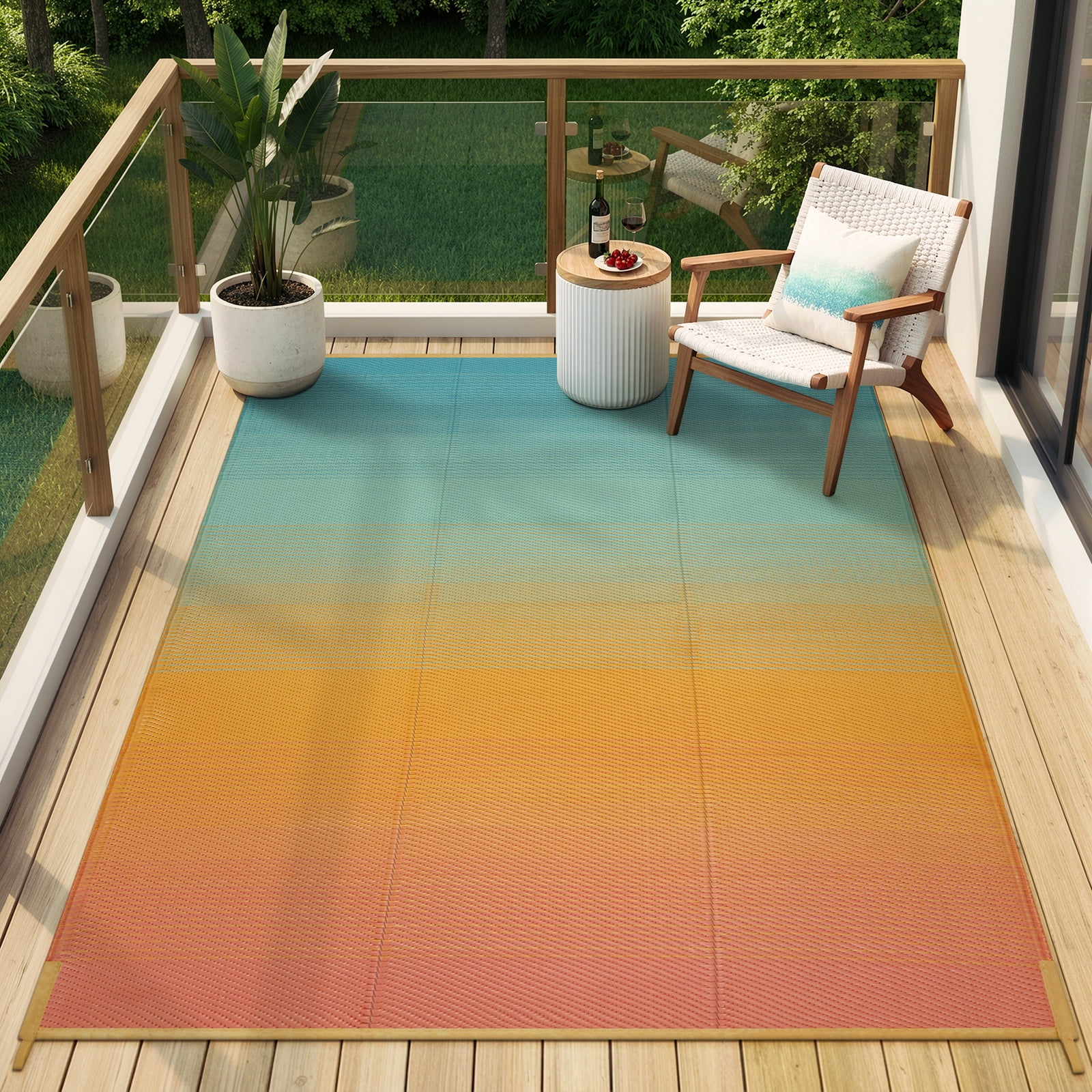 SUNDEREY Outdoor Rug 5'x8', Waterproof Reversible Plastic Straw Mat for Patio, RV & Camping - Non-Slip UV Resistant Carpet for Beach, Poolside & Deck, Orange & Blue
