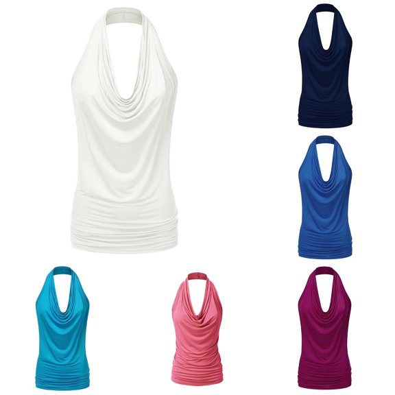 VNKIDY Womens Halter Cowl Neck Sleeveless Solid Color Side Ruched Slim Fit Casual Tank Top For Ladies Daily Shopping Casual Daily Wear M