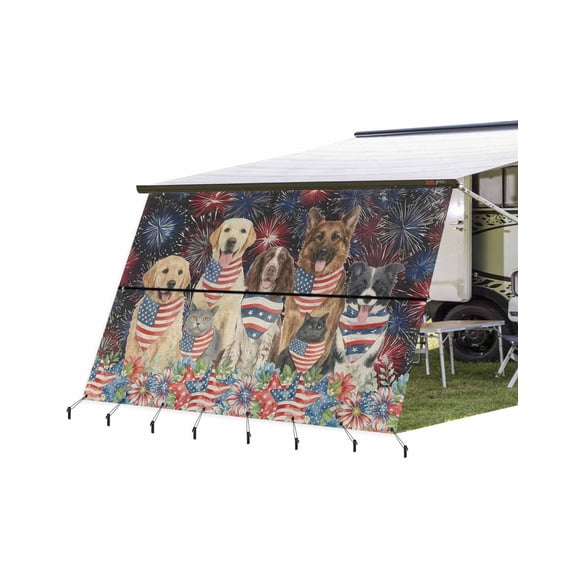 4th of July RV Awning Sun Shade Screen 9'X15.3' Patriotic Dog Cat Mesh Sunscreen Red White and Blue Star Fireworks Awning Shade Screen with Zipper UV Blocker Completed Kits for RV Motorhome Camper