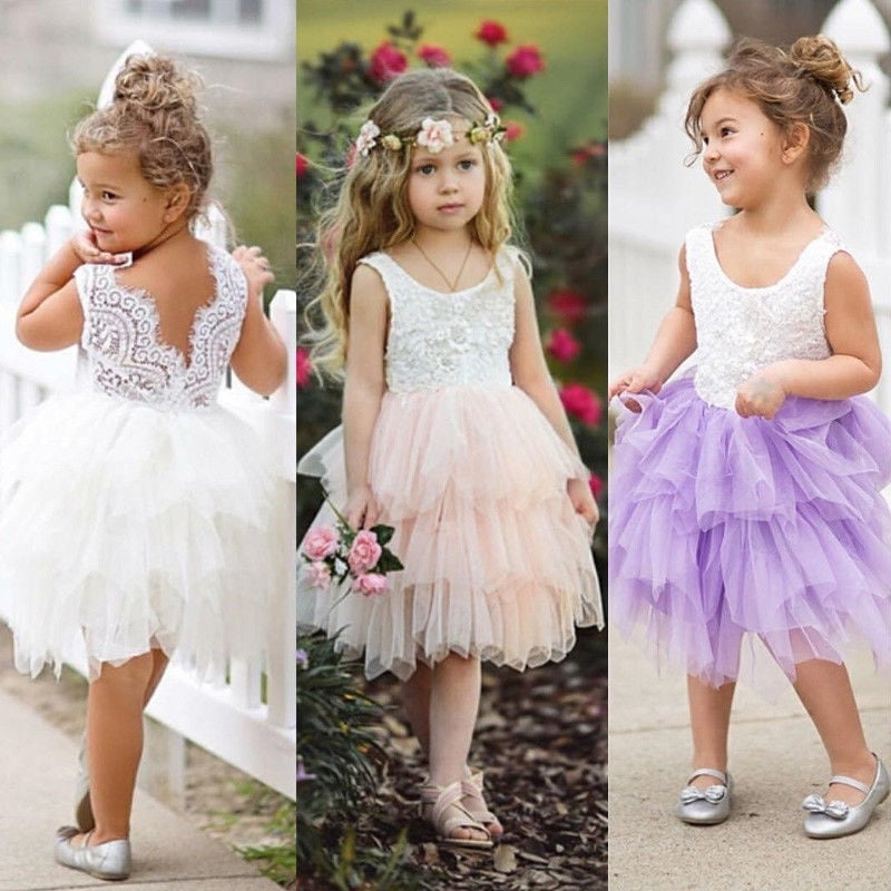 Pudcoco Kids Princess Dress Baby Flower Girl Dress Lace Backless Party Gown Bridesmaid Dress White 12 18 Months Purple