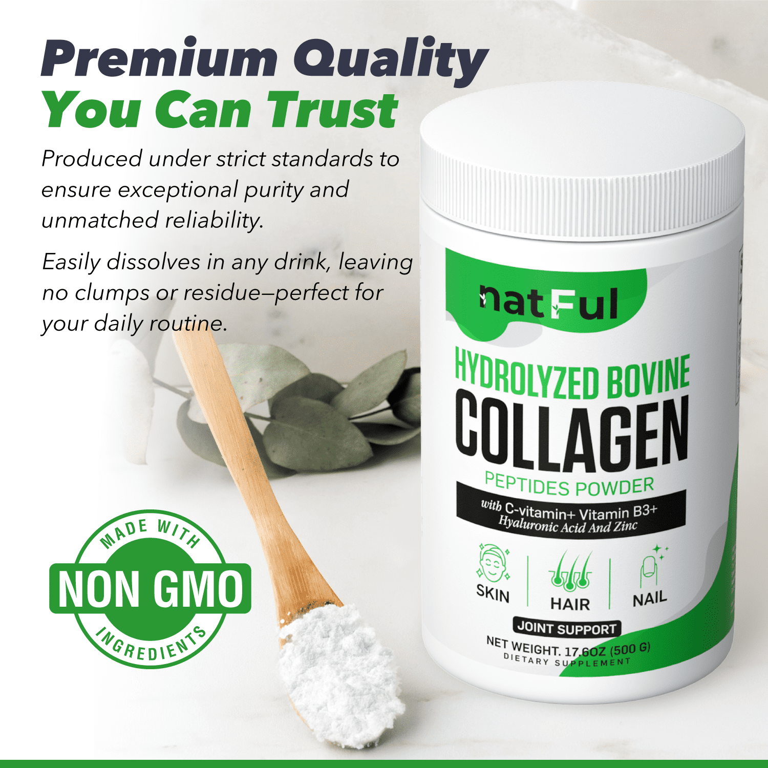 Natful Hydrolyzed Bovine Collagen Peptides Powder with Vitamin C, B3, Hyaluronic Acid, and Zinc - 45 Count