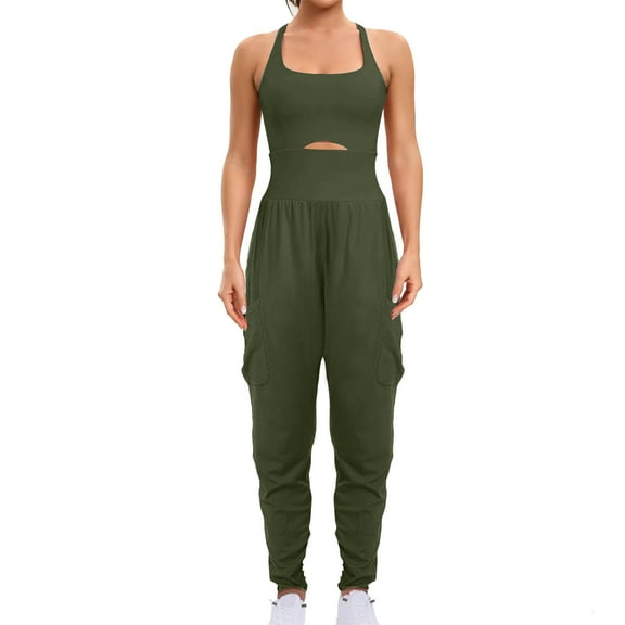 Summer Jumpsuits for Women 2025 Summer Casual Long Rompers Sleeveless Athletic Gym Yoga Workout Romper Running Overslla with Chest Pads S-2XL