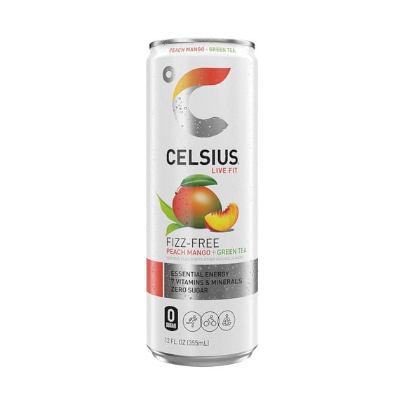 Pack of 12, Celsius Fizz Free Peach Mango Green Tea, 12 oz