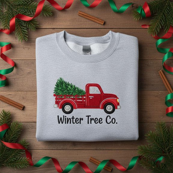 Embroidered Winter Tree Co. Red Truck Sweatshirt, Classic Christmas Pickup Crewneck, Holiday Vintage Vehicle Hoodie