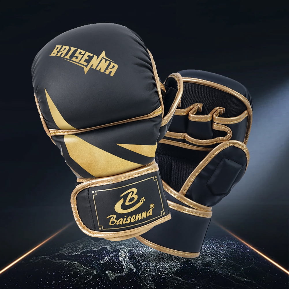 Half Finger Boxing Gloves Thickened Heavy Punching Bag Gloves Exercise Training PU Leather Sponge Gym Mitts Gloves(Children Black Gold)