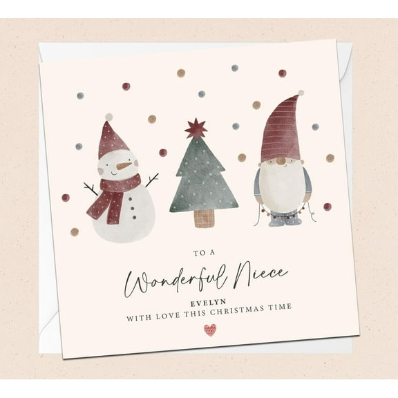 Christmas Card for Niece – Adorable Snowman, Christmas Tree & Gnome Design – Includes Envelope – Perfect for Holiday Wishes, Greetings & Gift Giving