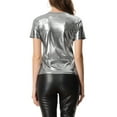 thumbnail image 2 of INSPIRE CHIC Women's Clubwear Short Sleeve Shiny Metallic Top M Dark Silver, 2 of 6