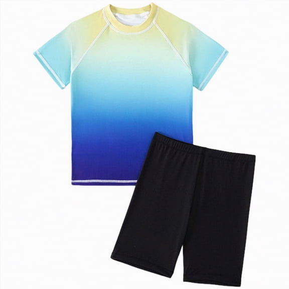 CAICJ98 Boys Gradient Rash Guard Swim Shirt Short Sleeve UPF  50 Sun Swimsuit Kids Bathing Suit for Boys Swimwear Water Shirts (Blue,10-11 Years)