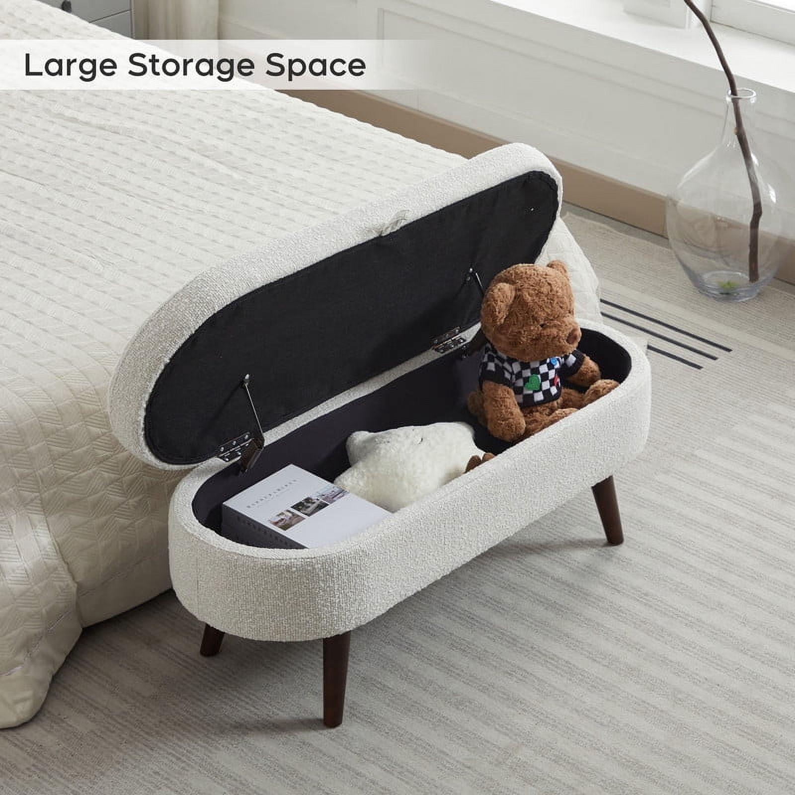 Comfort Stretch 44" Beige Boucle Storage Ottoman Bench for Living Room Bedroom Oval Footrest Wood Legs