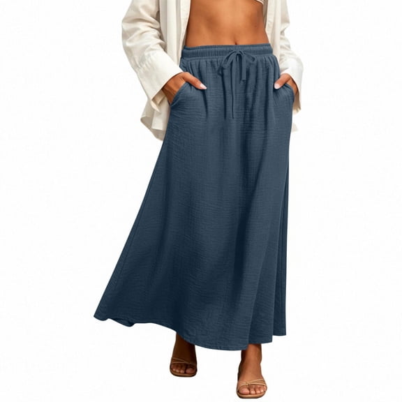 Squevariel Womens Maxi Skirt Linen Casual Skirt Elastic Waist Drawstring With Pockets Ladies A-Line Long Skirts