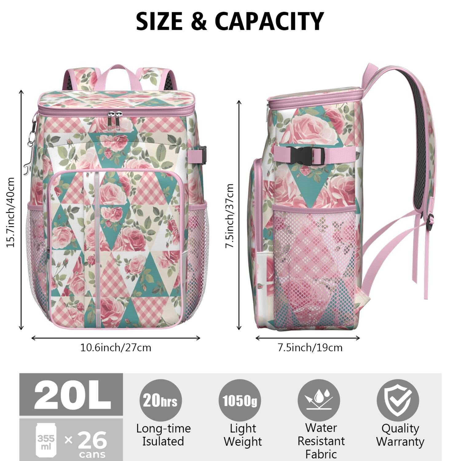 Travel Cooler Bag - Pioneer Flower Floral Print Pattern Camping Beer Cooler Backpack with Bottle Opener- Waterproof Insulated Picnic Backpacks - Cooler Bag for Beach