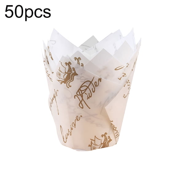 ACDANC 2026 New 50Pcs Oil-Proof Tulip Cake Cup,Muffin Cupcake Liner Paper Dessert Baking Holder,White and Golden Letter