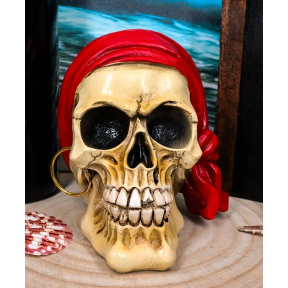 Ebros Ghost Ship Pirate Skull with Red Bandana and Earring Statue 6" Long