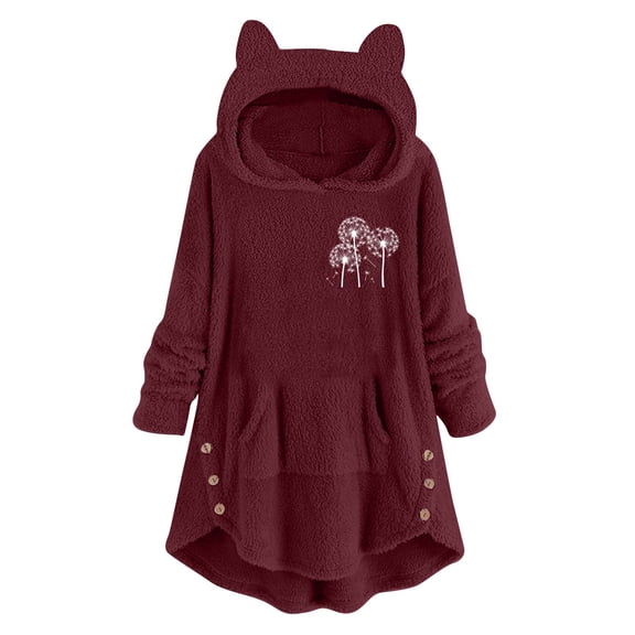 Zwiiyzr 2025 Women's Hoodies Coat Animal Ear Cap Fuzzy Fleece Tops Cozy Christmas Printing Buttons Long Sleeve Hooded Plush Pullover Burgundy