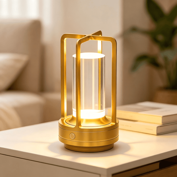 Cordless Table Lamp, Rechargeable Crystal Metal LED Lamp with Touch Control, 3 Color Dimmable Light for Bedroom, Dining Room, Camping, Gold, 7 Inch