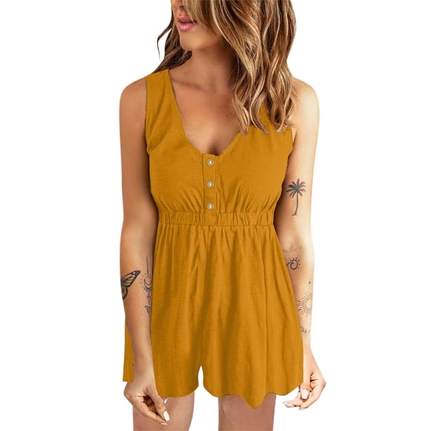 Gibobby Mono Ajustado de Verano Mono corto informal de verano para mujer, mono liso con escote redondo y botones, camiseta sin mangas, monos con bolsillos(Amarillo, XXL)